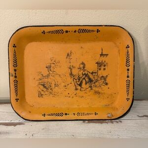 Antique Metal Tray Hand Painted Lover's Scene Made In Italy